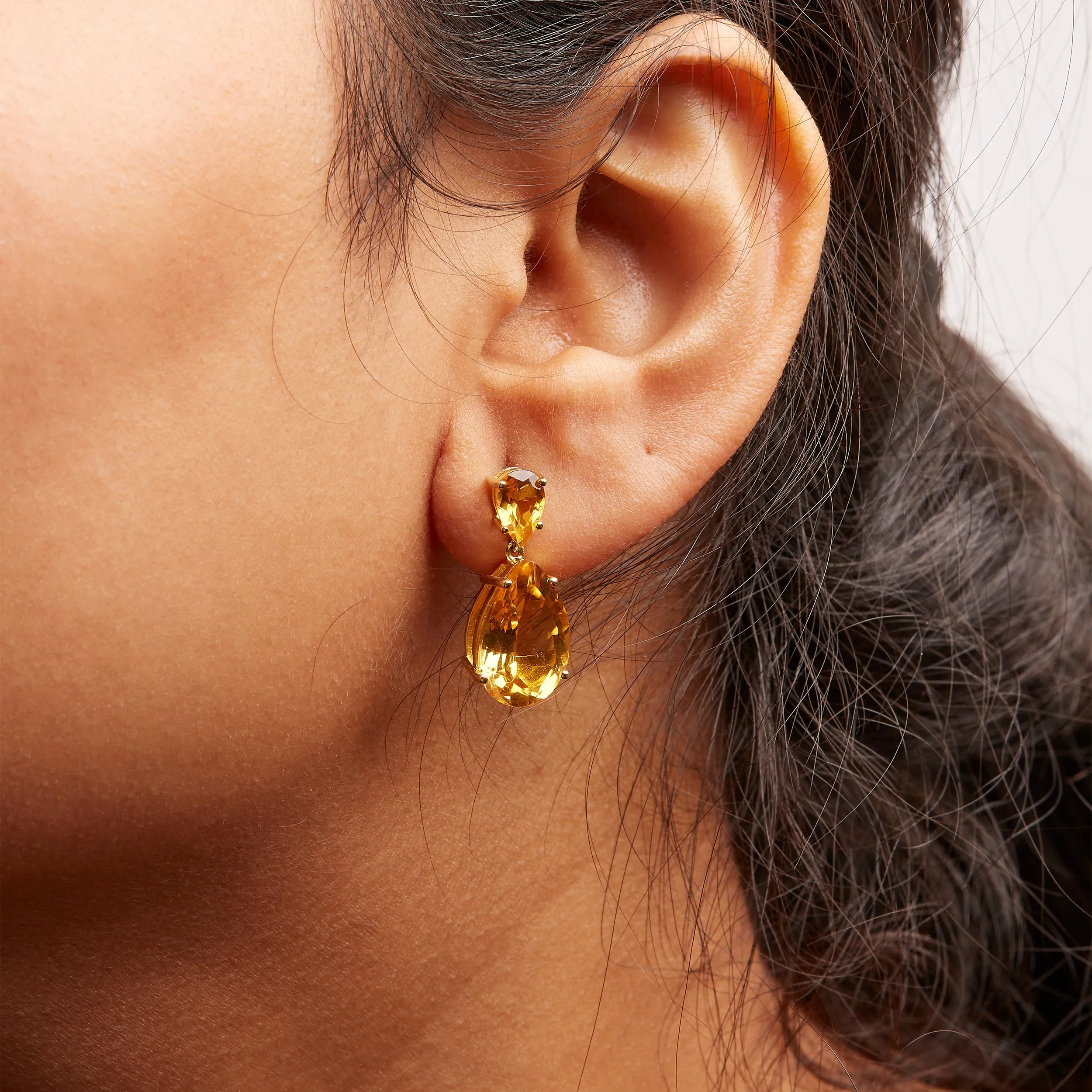 10K Yellow Gold Plated .925 Sterling Silver 12 1/3 Cttw Pear Shaped Orange Citrine Dangle Double Drop Stud Earring