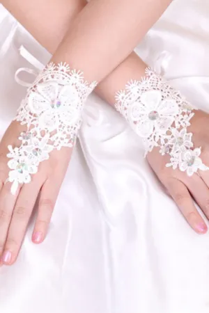 2024 Lace Wrist Length Bridal Gloves Ivory #ST1003