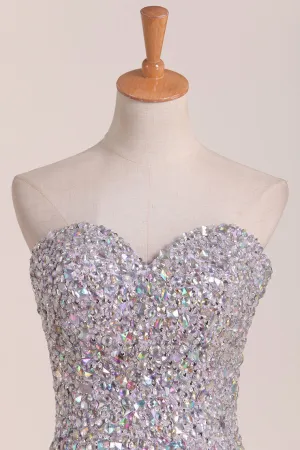 2024 Sweetheart Beaded Bodice With High Slit Tulle Prom Dress