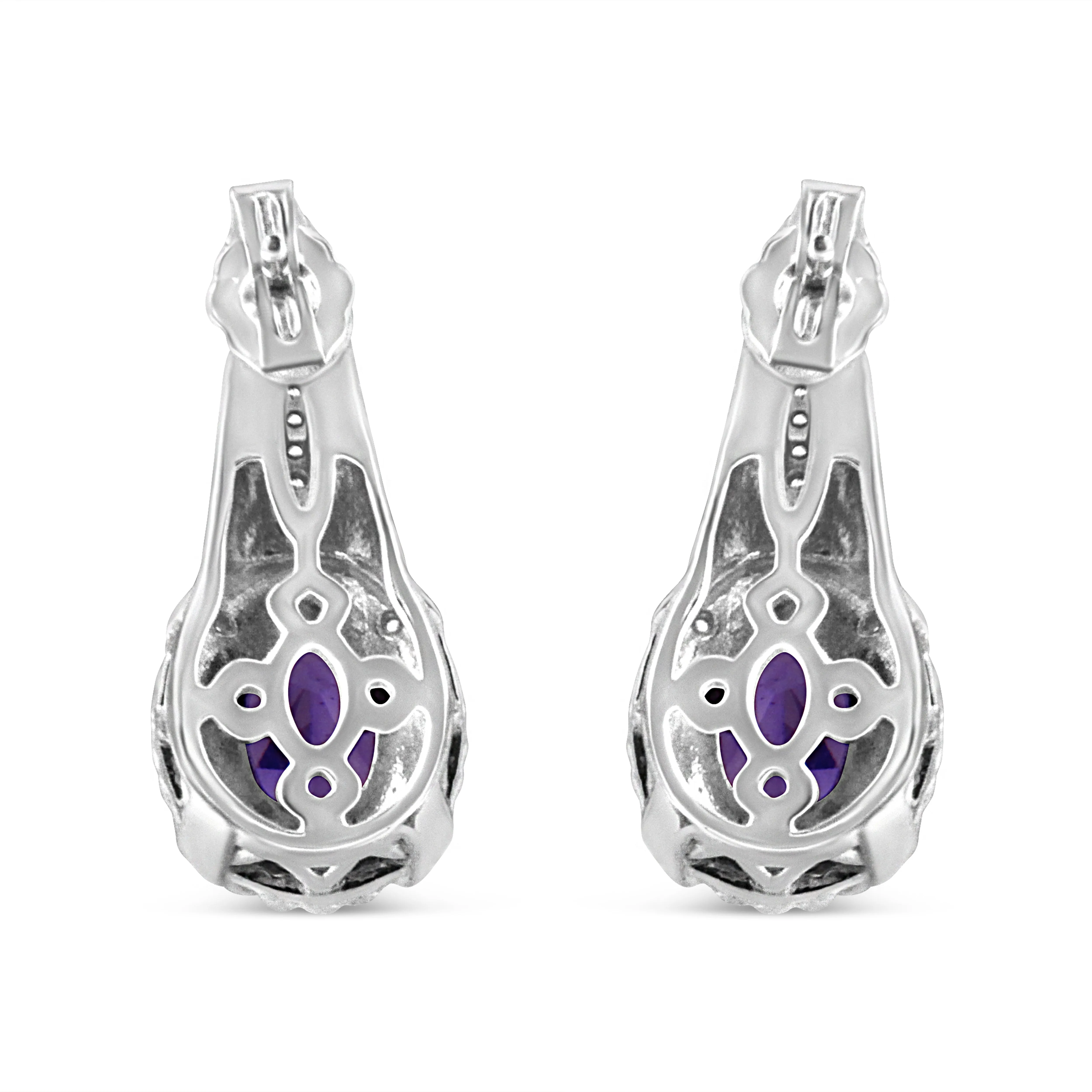 .925 Sterling Silver 8x6 MM Natural Oval Purple Amethyst Gemstone and Diamond Accent Art Deco Style Drop and Dangle Earrings