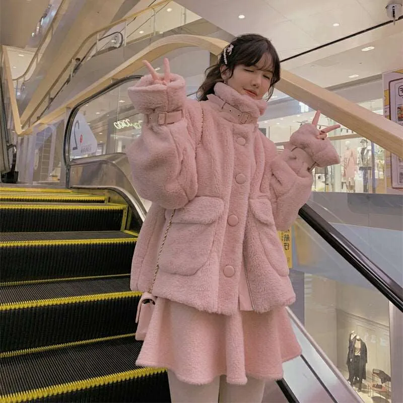 Acacia Plush Velvet Buckle Fur Warm Pink White Jacket Coat