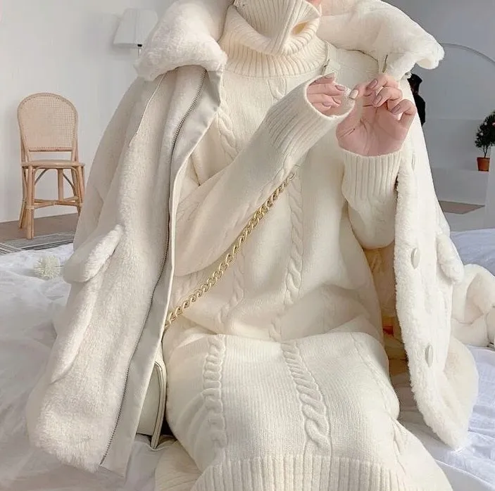 Acacia Plush Velvet Buckle Fur Warm Pink White Jacket Coat