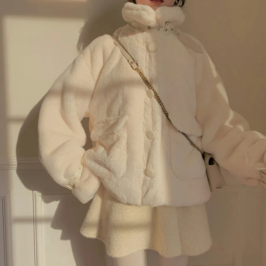 Acacia Plush Velvet Buckle Fur Warm Pink White Jacket Coat