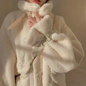 Acacia Plush Velvet Buckle Fur Warm Pink White Jacket Coat