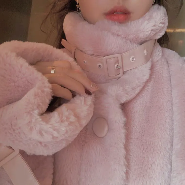 Acacia Plush Velvet Buckle Fur Warm Pink White Jacket Coat