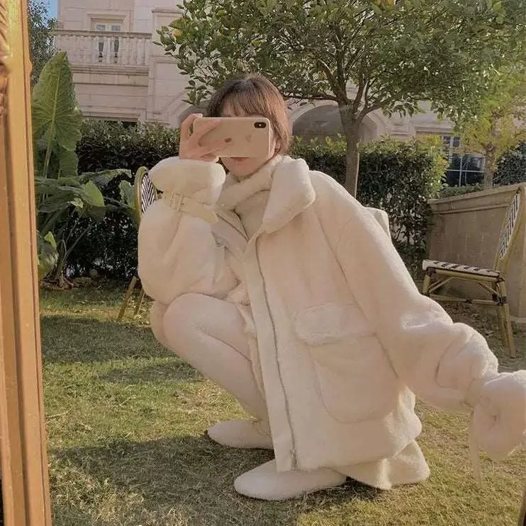 Acacia Plush Velvet Buckle Fur Warm Pink White Jacket Coat