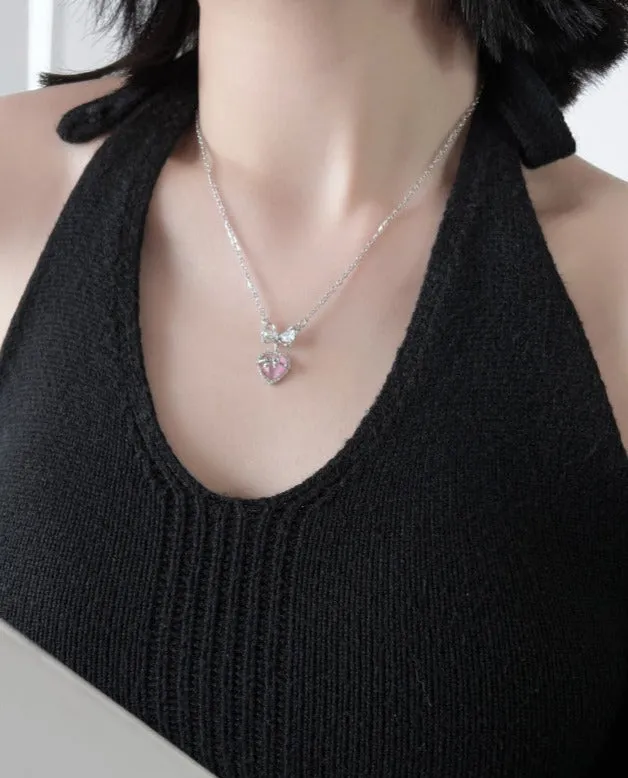 Beautiful Luxury Jewelry Pink Heart Bow Shaped Pendant Necklace