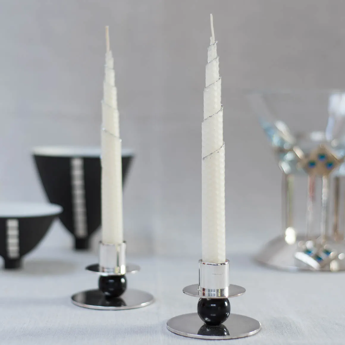 beeswax dinner candle pair, handrolled with fine glittered spiral edge