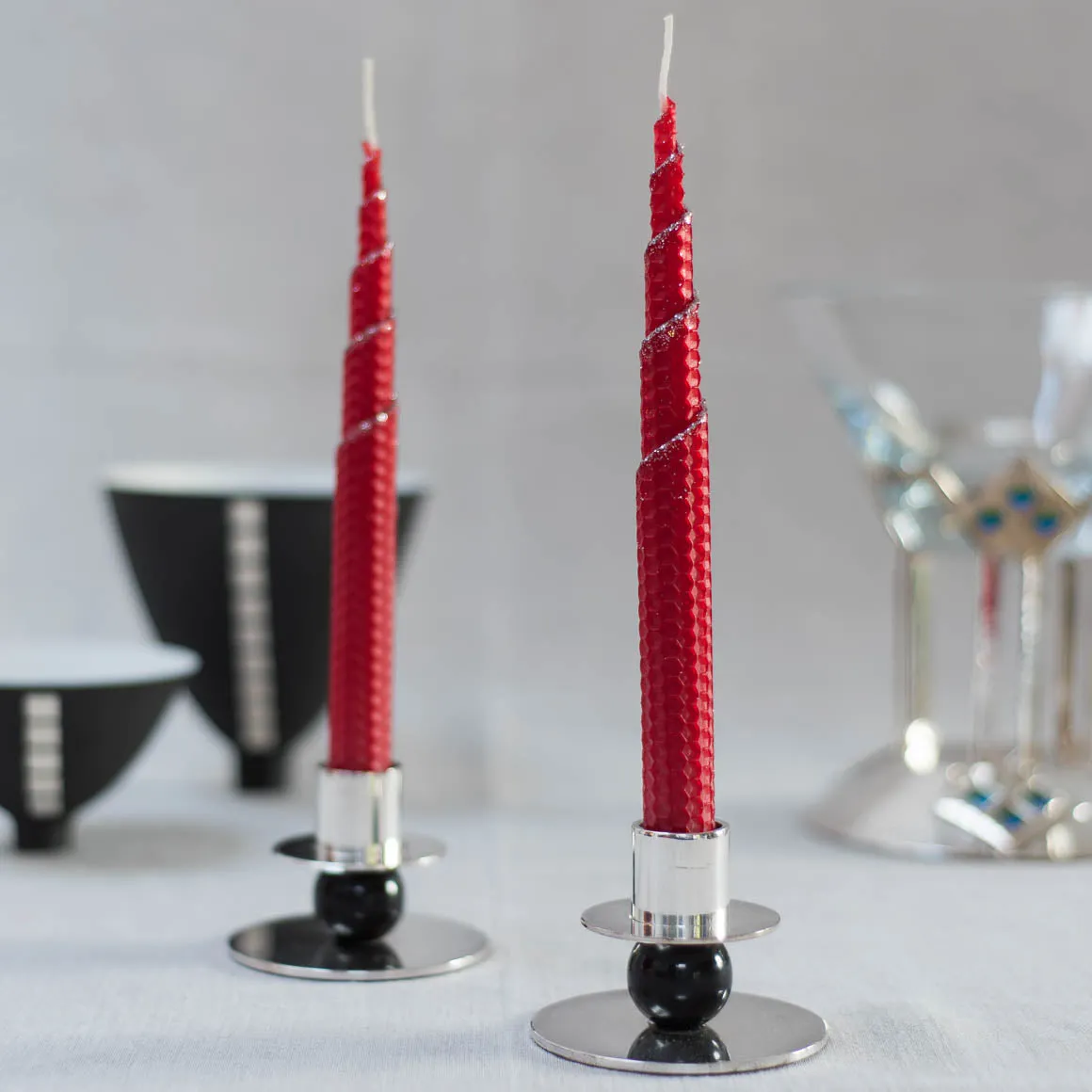 beeswax dinner candle pair, handrolled with fine glittered spiral edge