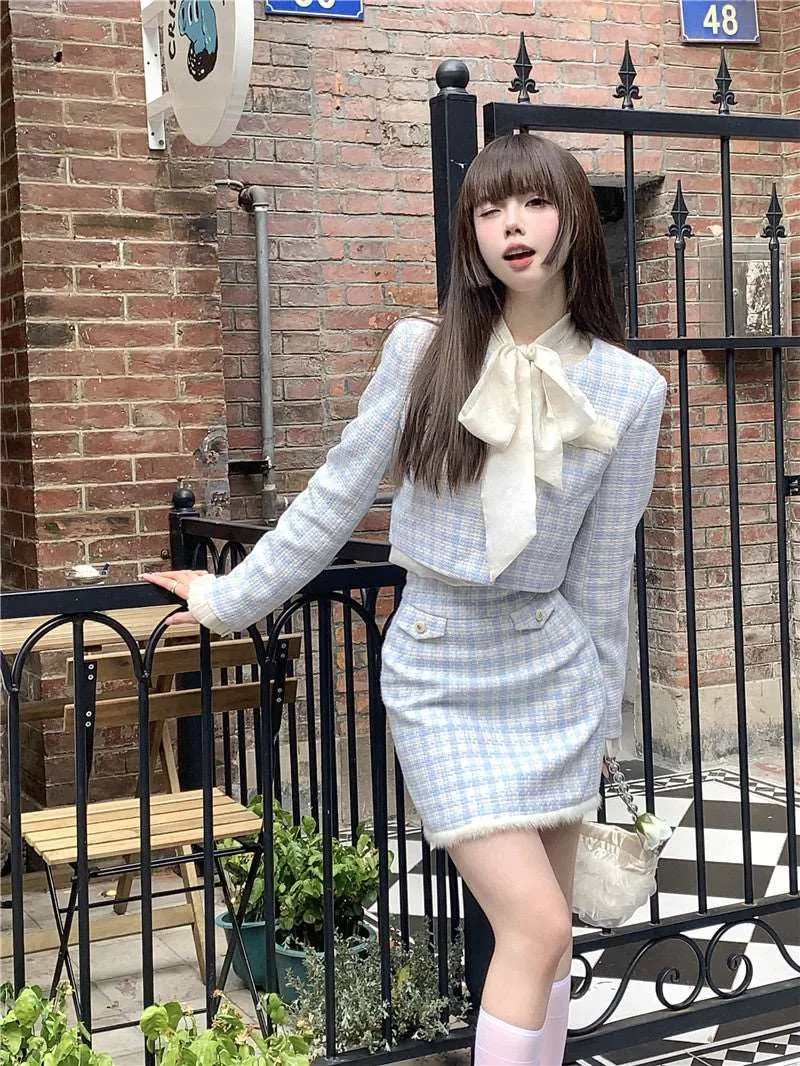 Blue & White Checkerboard Jacket Skirt Two Piece Set