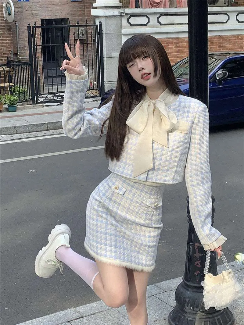 Blue & White Checkerboard Jacket Skirt Two Piece Set