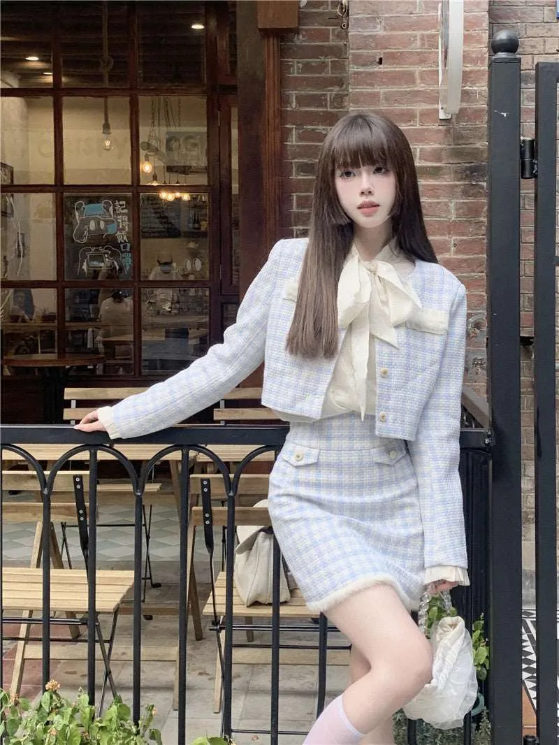 Blue & White Checkerboard Jacket Skirt Two Piece Set