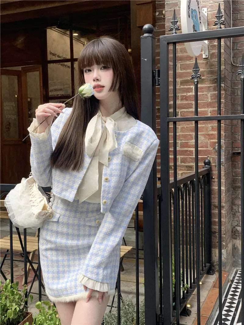 Blue & White Checkerboard Jacket Skirt Two Piece Set
