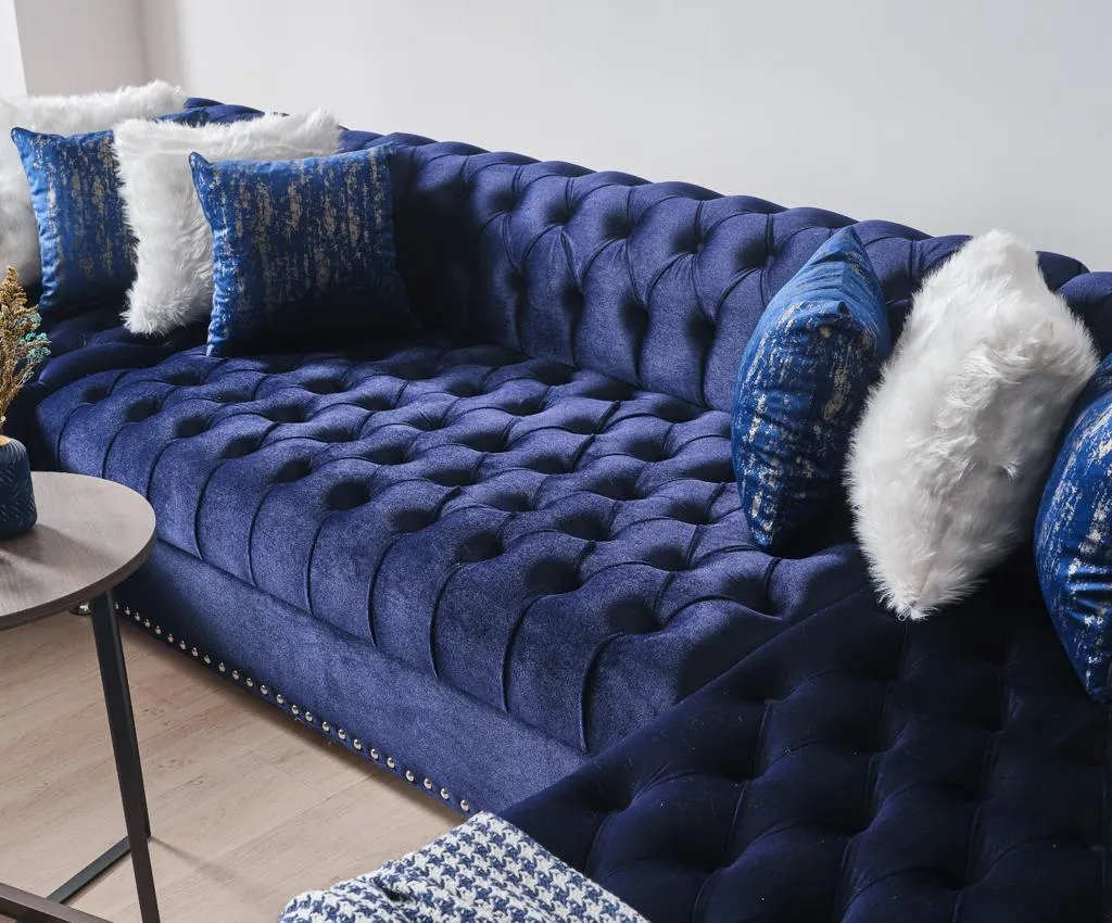 Blue Velvet Tufted U Shaped Sectional- Includes Throw Pillows - Model Jordan