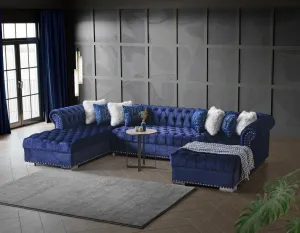 Blue Velvet Tufted U Shaped Sectional- Includes Throw Pillows - Model Jordan