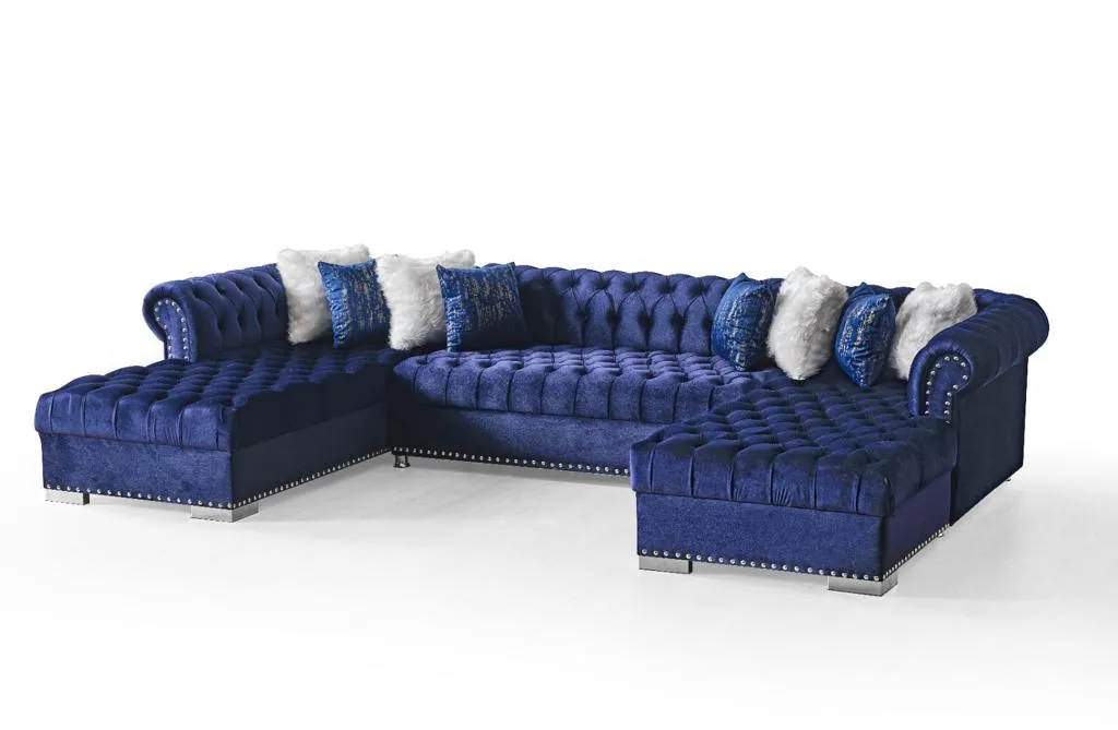 Blue Velvet Tufted U Shaped Sectional- Includes Throw Pillows - Model Jordan