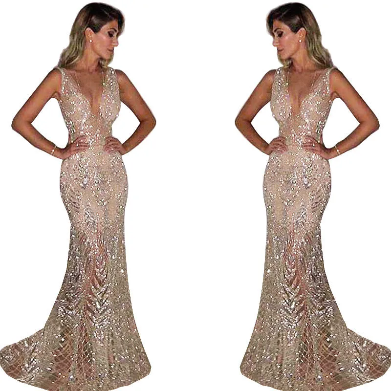 Bohemian Chic Wedding Guest Dress Evening Dress Long Sleeveless Sexy Deep V Sequined Women