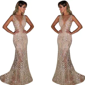 Bohemian Chic Wedding Guest Dress Evening Dress Long Sleeveless Sexy Deep V Sequined Women