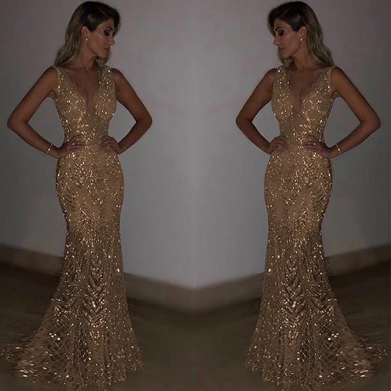 Bohemian Chic Wedding Guest Dress Evening Dress Long Sleeveless Sexy Deep V Sequined Women