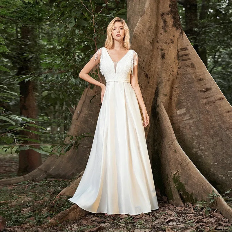 Bohemian Chic Wedding Guest Dress Sexy Deep V Belt Sequined Dress Elegant Evening Dress