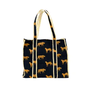 Boho Quilted Indian Block Cotton Tote Bag | Leopard