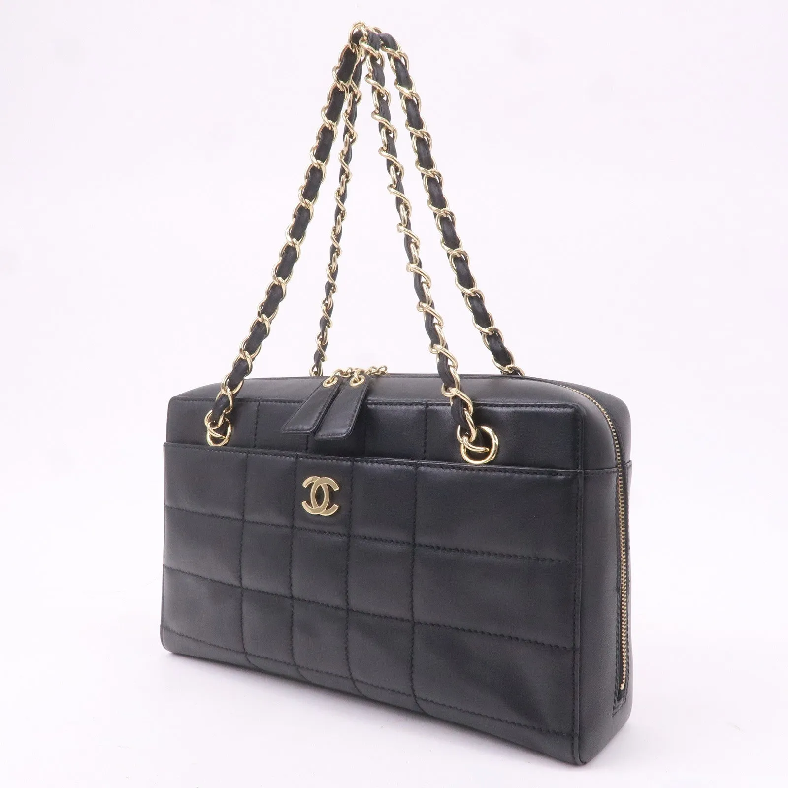 CHANEL Chocolate Bar Lamb Skin Chain Shoulder Bag Black
