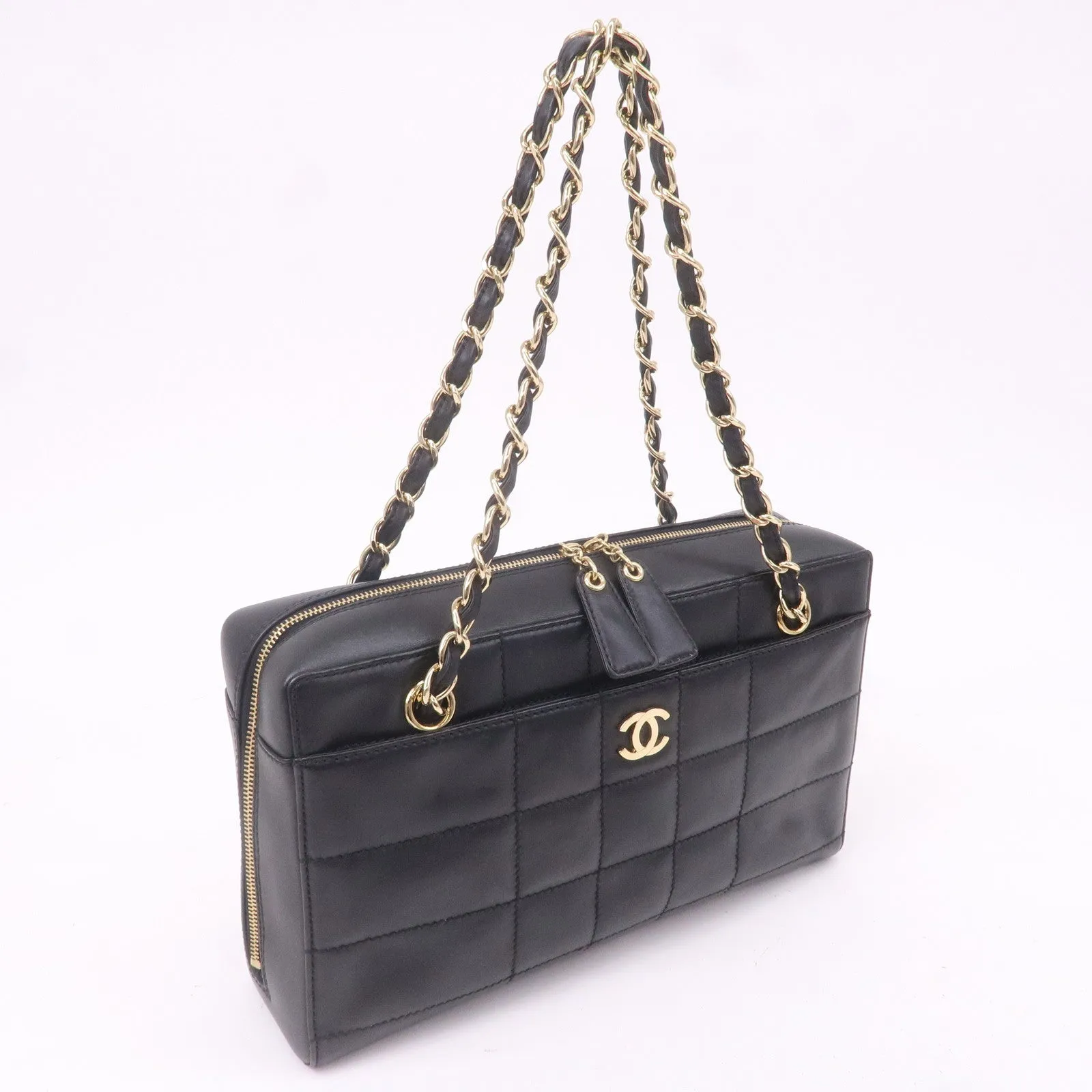 CHANEL Chocolate Bar Lamb Skin Chain Shoulder Bag Black