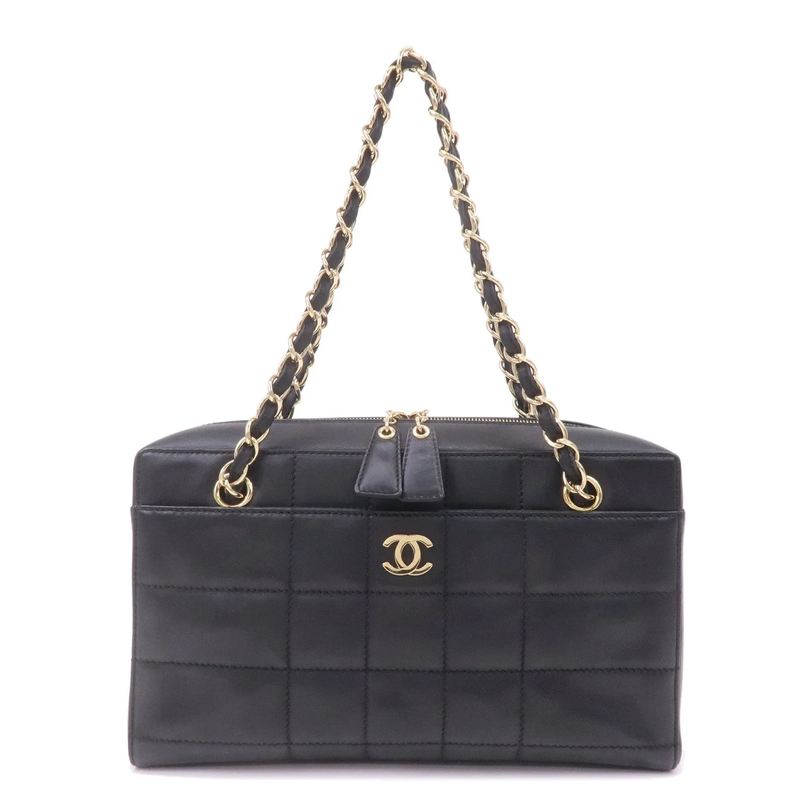 CHANEL Chocolate Bar Lamb Skin Chain Shoulder Bag Black