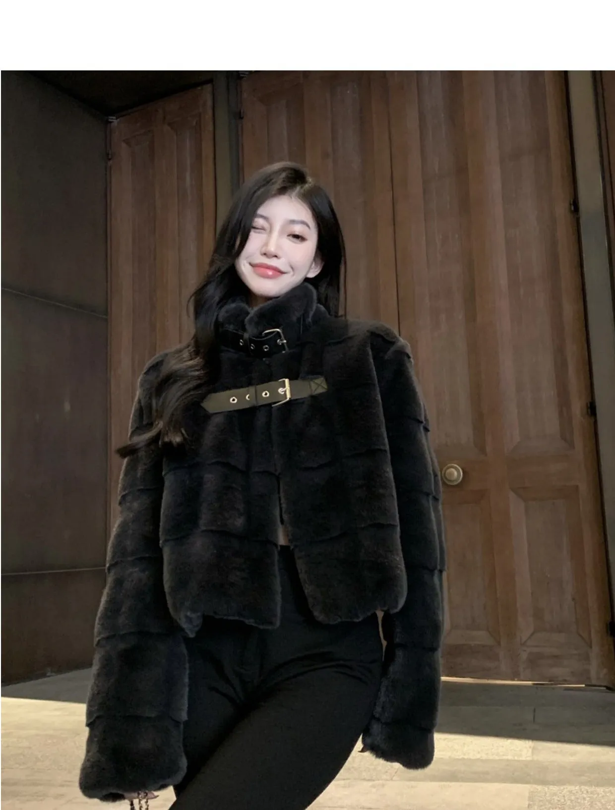 Chic Leather Belt Strap Fur Black Jacket Coat