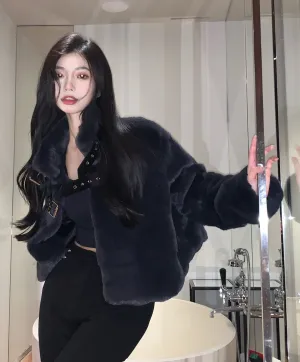 Chic Leather Belt Strap Fur Black Jacket Coat