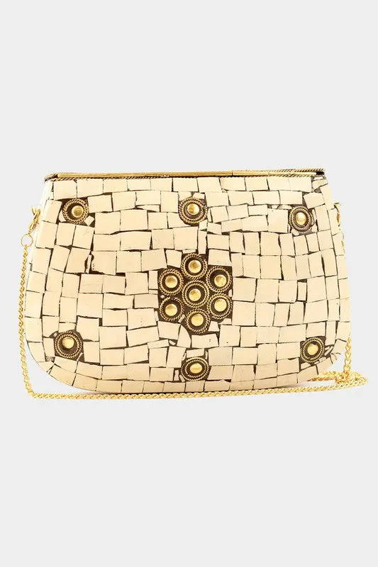Cream Flower Patterned Clutch