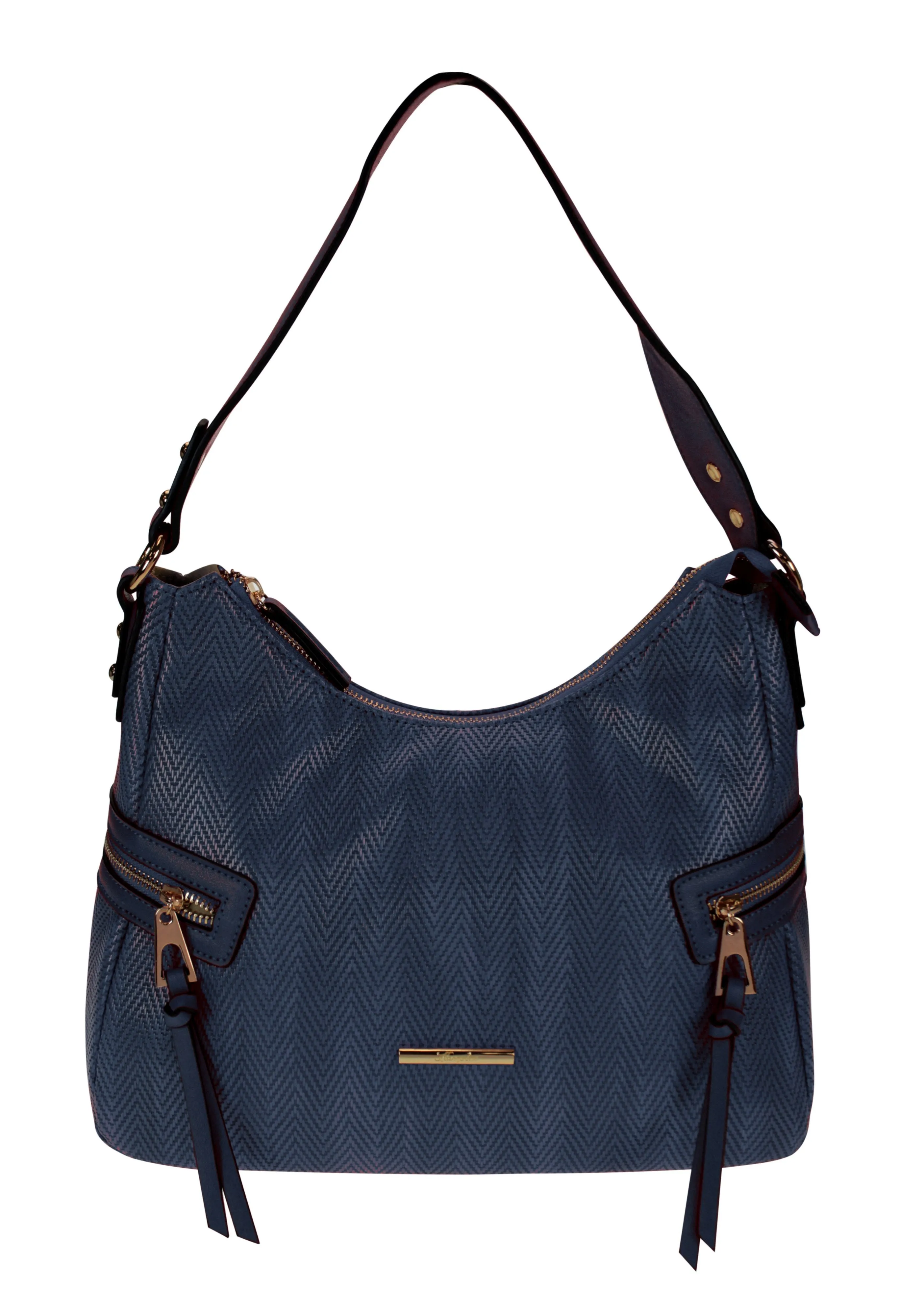 Curved Top Style Textured Handbag with Side Zip Details in Navy