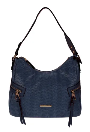 Curved Top Style Textured Handbag with Side Zip Details in Navy