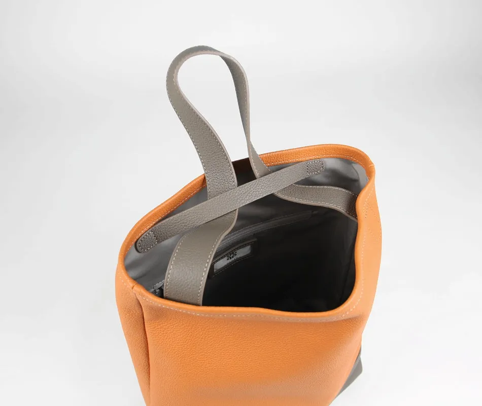 Cute Womens Orange Leather Shoulder Tote Bag Best Tote Handbag Shopper Bag Purse for Ladies