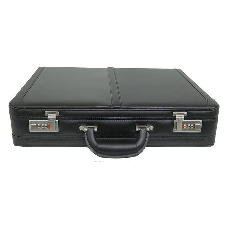 Dazzlo Men's Expandable Leather Attache Briefcase with Dual Combination Locks - Genuine Leather - Black - 19"