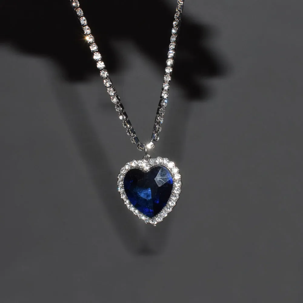 Deep Sea Ocean Blue Heart Sapphire Diamond Silver Chain Pendant Necklace