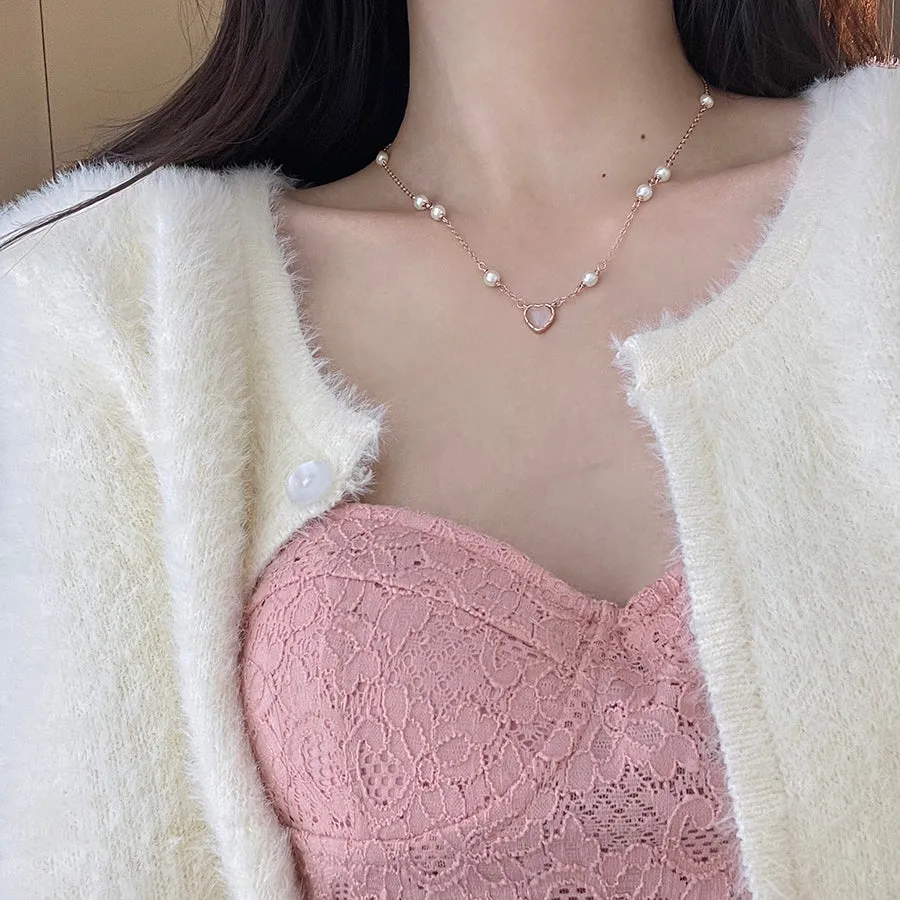 Delicate Princess Pink Heart Pearl Pendant Necklace