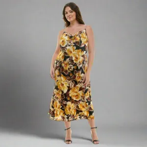 Detachable Chain Trim Strap Cowl Neck Dress, Gold/Olive/Ivory - Plus
