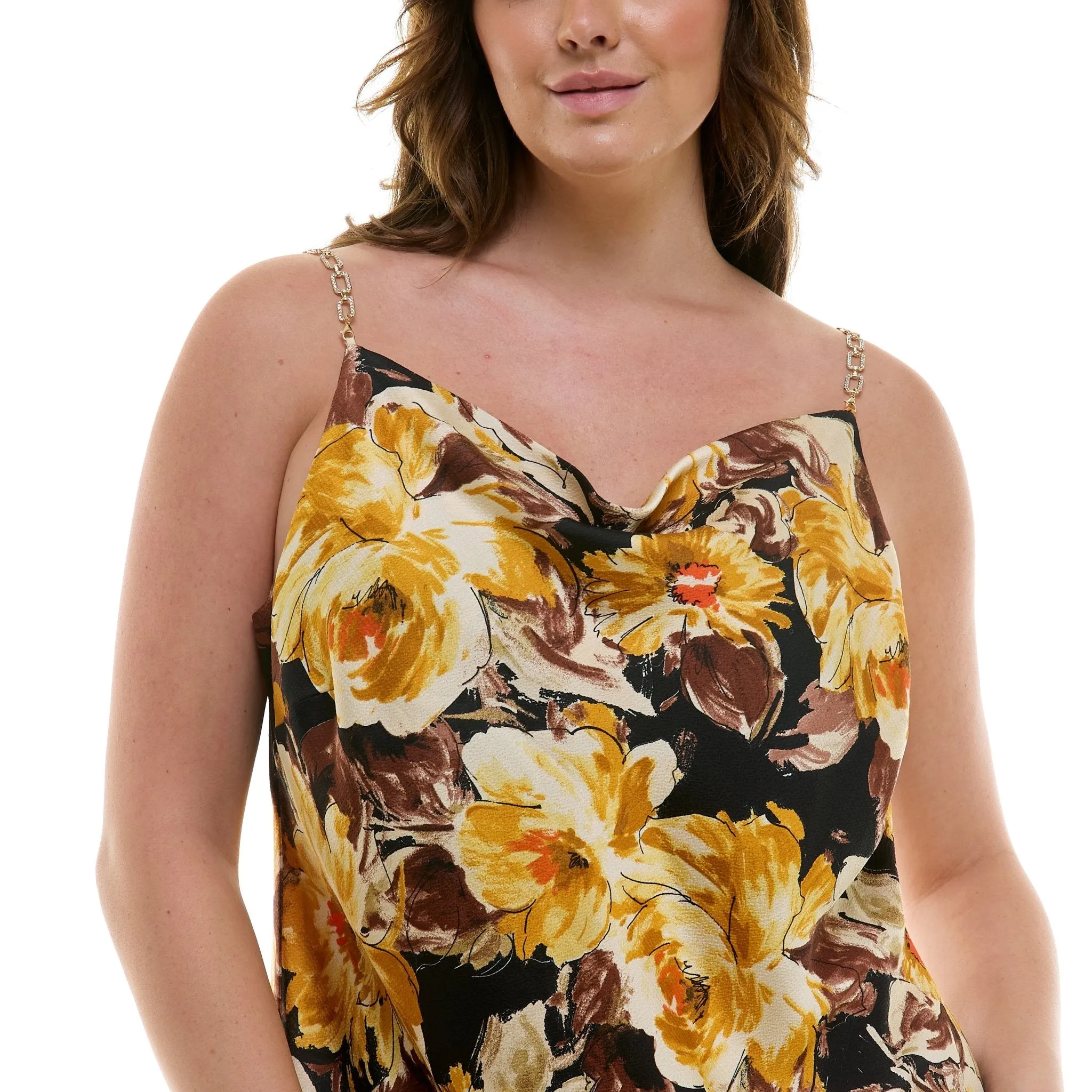 Detachable Chain Trim Strap Cowl Neck Dress, Gold/Olive/Ivory - Plus