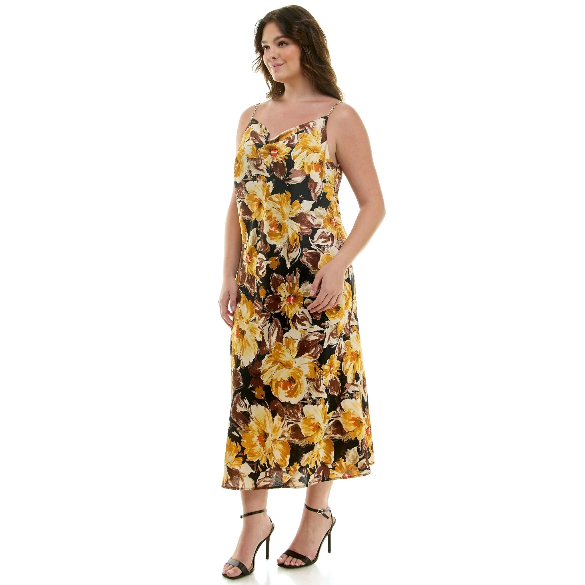 Detachable Chain Trim Strap Cowl Neck Dress, Gold/Olive/Ivory - Plus