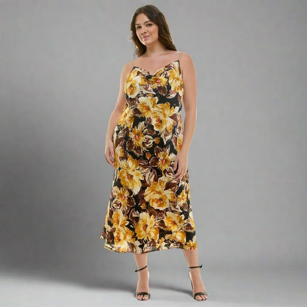 Detachable Chain Trim Strap Cowl Neck Dress, Gold/Olive/Ivory - Plus