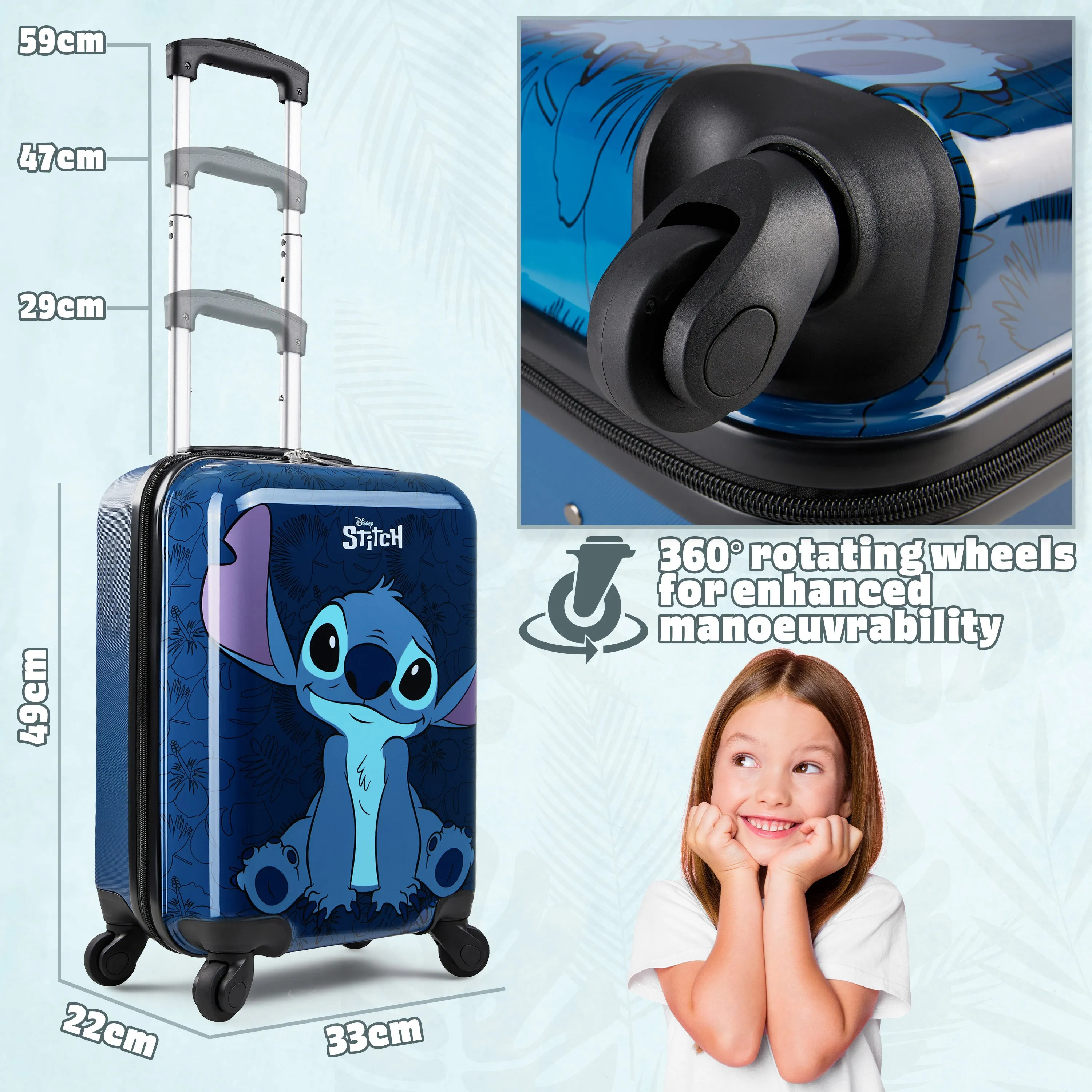 Disney Stitch Carry On Suitcase for Kids, Cabin Bag with Wheels for Kids
