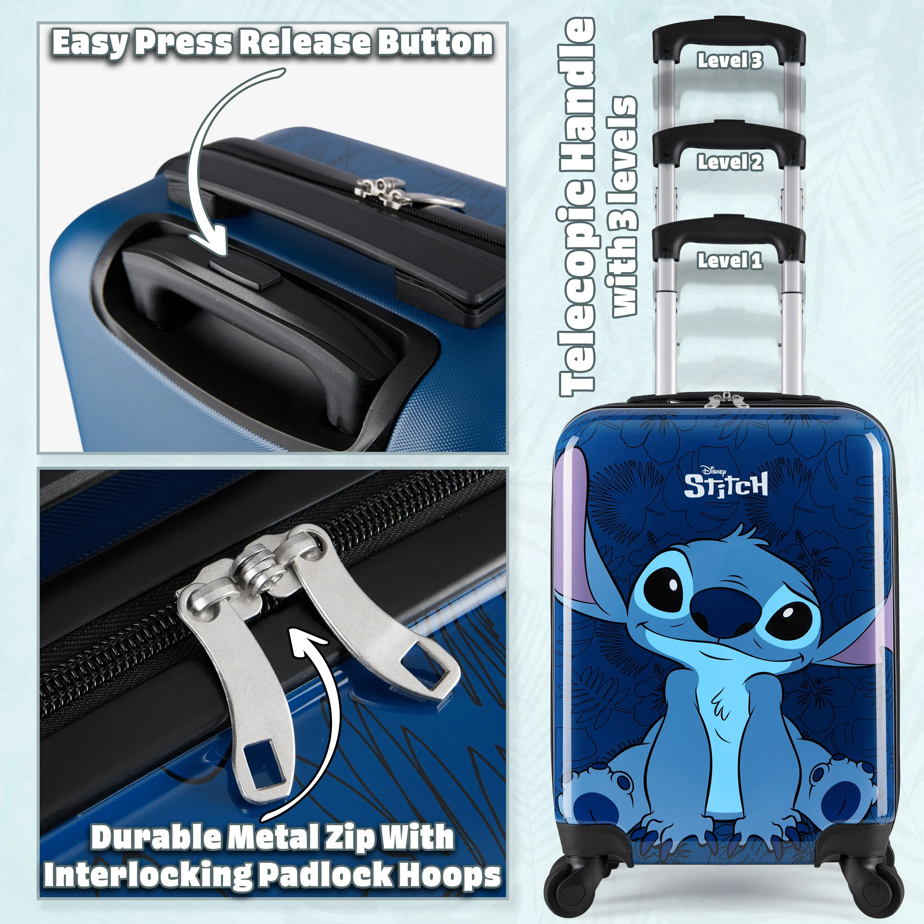 Disney Stitch Carry On Suitcase for Kids, Cabin Bag with Wheels for Kids