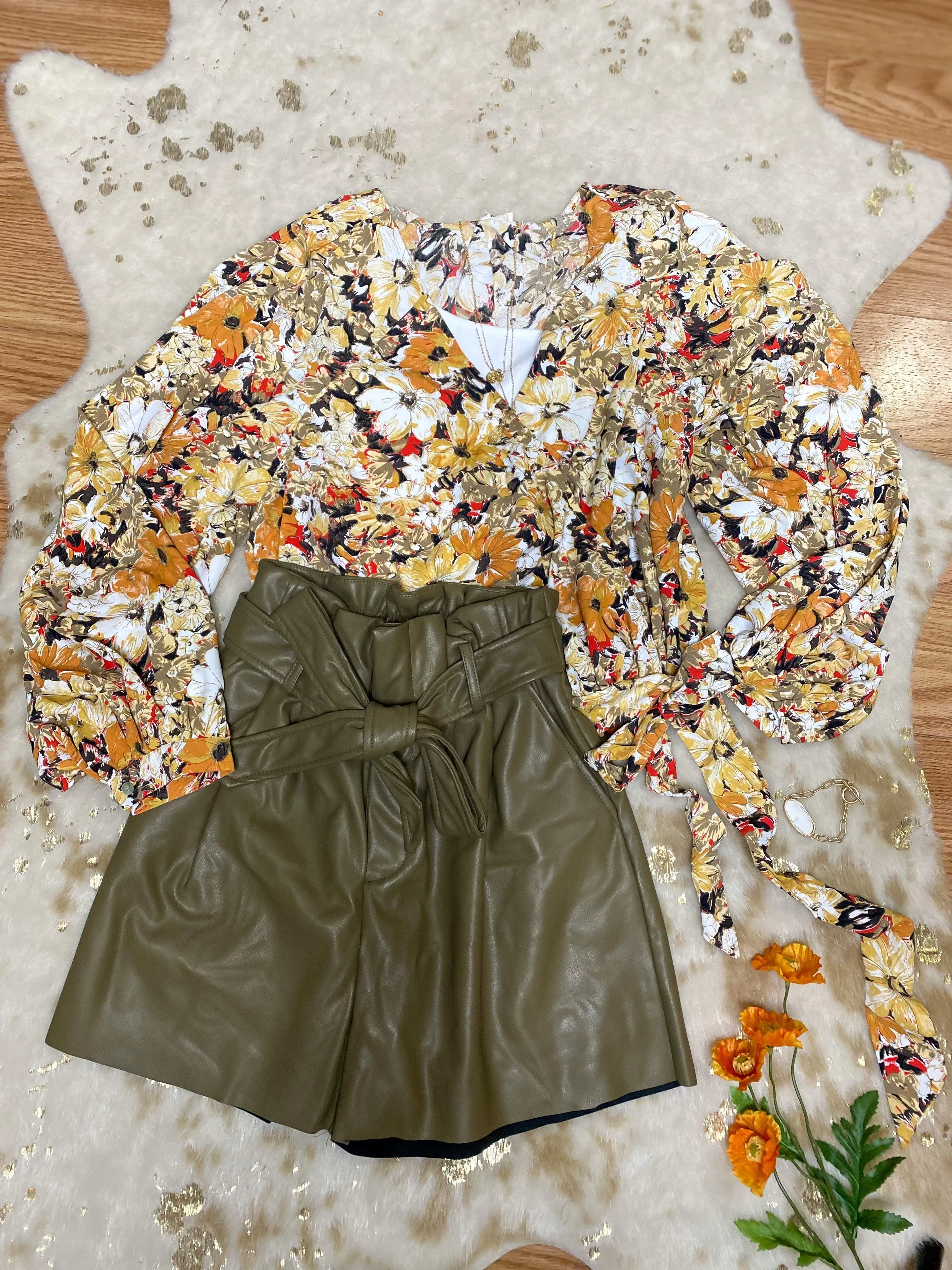 Dusty Olive Vegan Leather Paper Bag Tie Waist Shorts