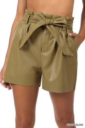 Dusty Olive Vegan Leather Paper Bag Tie Waist Shorts