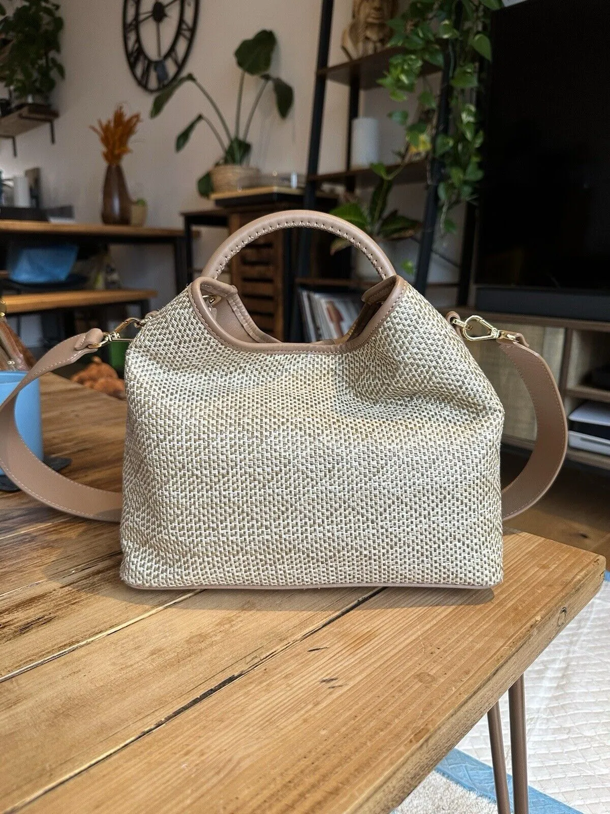 Elleme beige leather & straw small shoulder bag