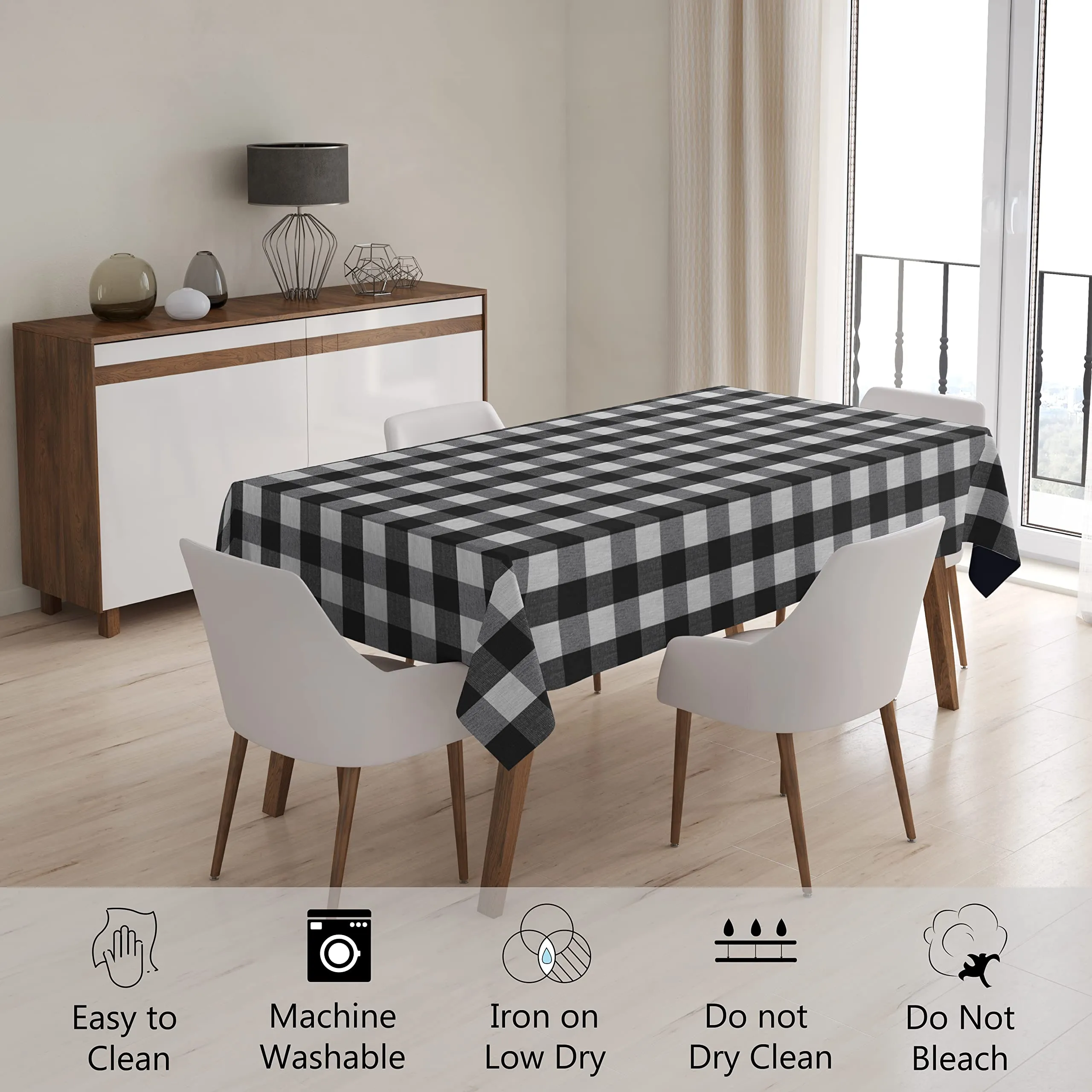Encasa Cotton Rectangle Table Cloth for 7.5 ft | (140x230 cm) | Buffalo Black Checks | Dining Tablecloth for Decoration