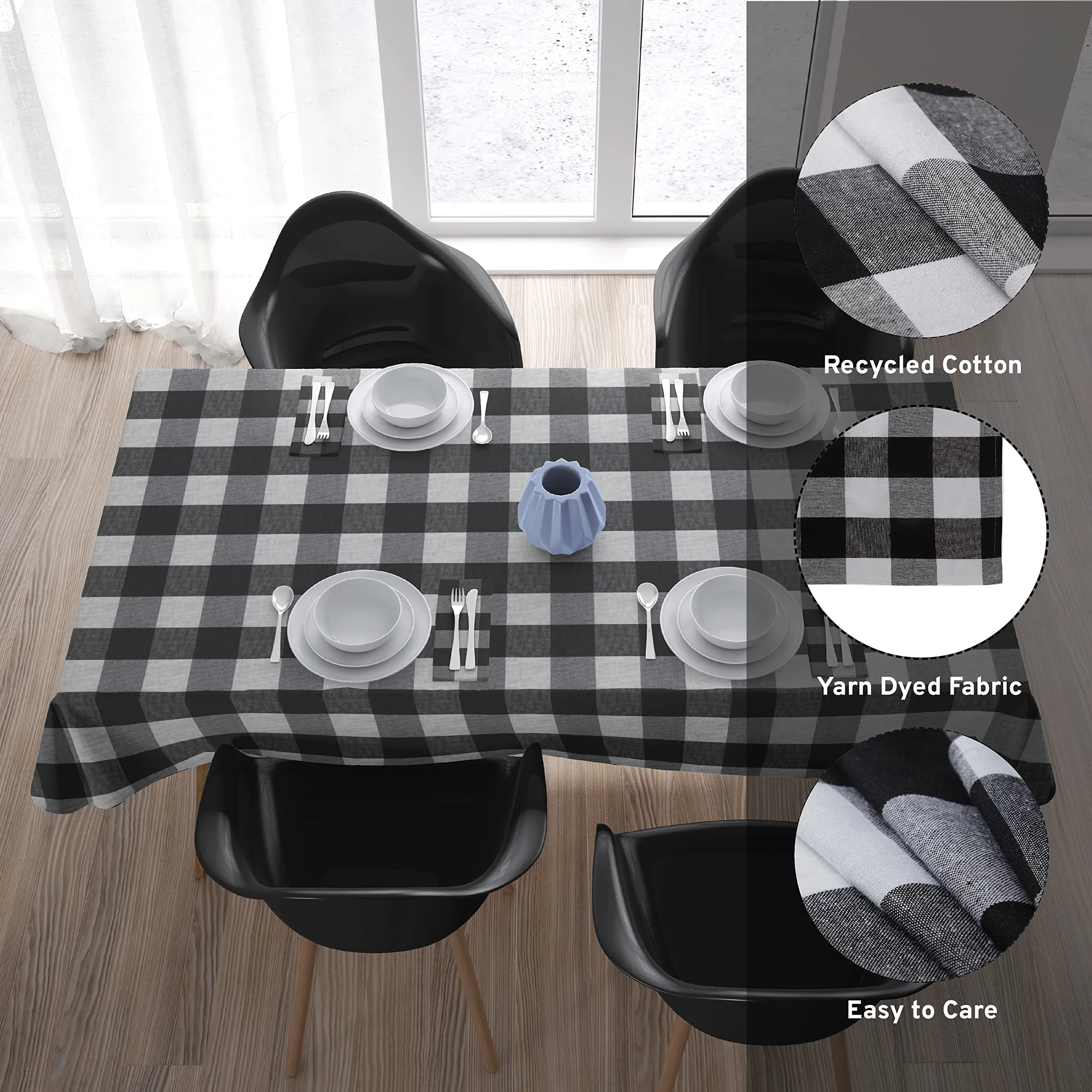 Encasa Cotton Rectangle Table Cloth for 7.5 ft | (140x230 cm) | Buffalo Black Checks | Dining Tablecloth for Decoration