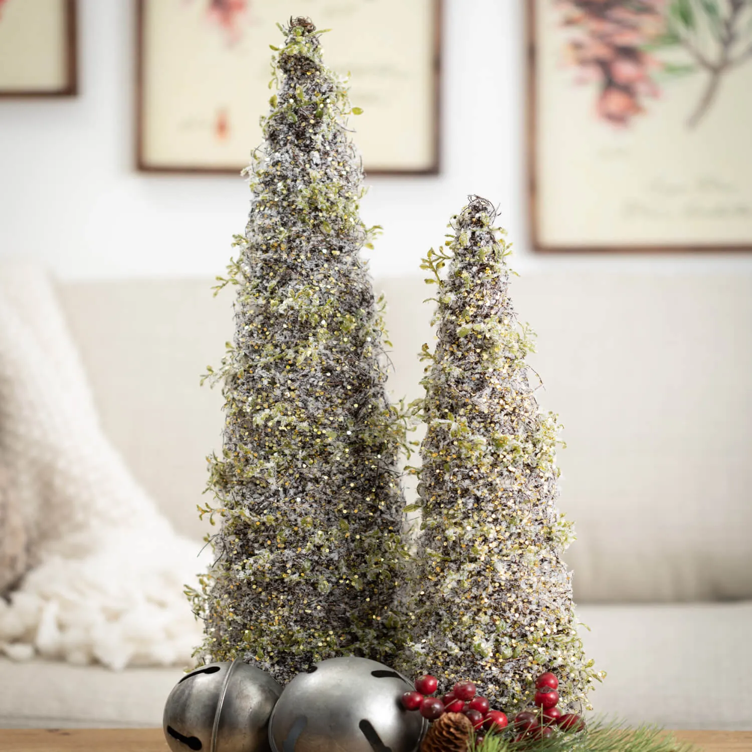 Frosted Glitterered Decorative Cone Tabletop Christmas Tree Set