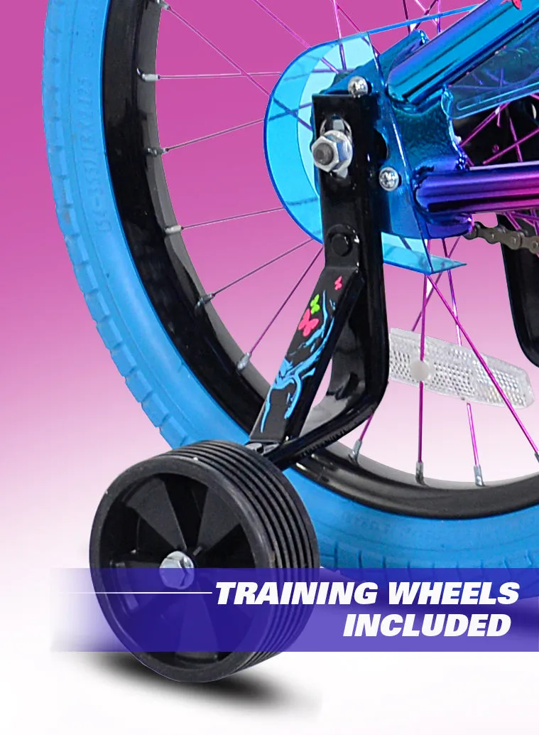Girls' Illusion BMX Bike 18" Wheels w/ Removable Training Wheels, Blue Purple, Height 3'-8" 